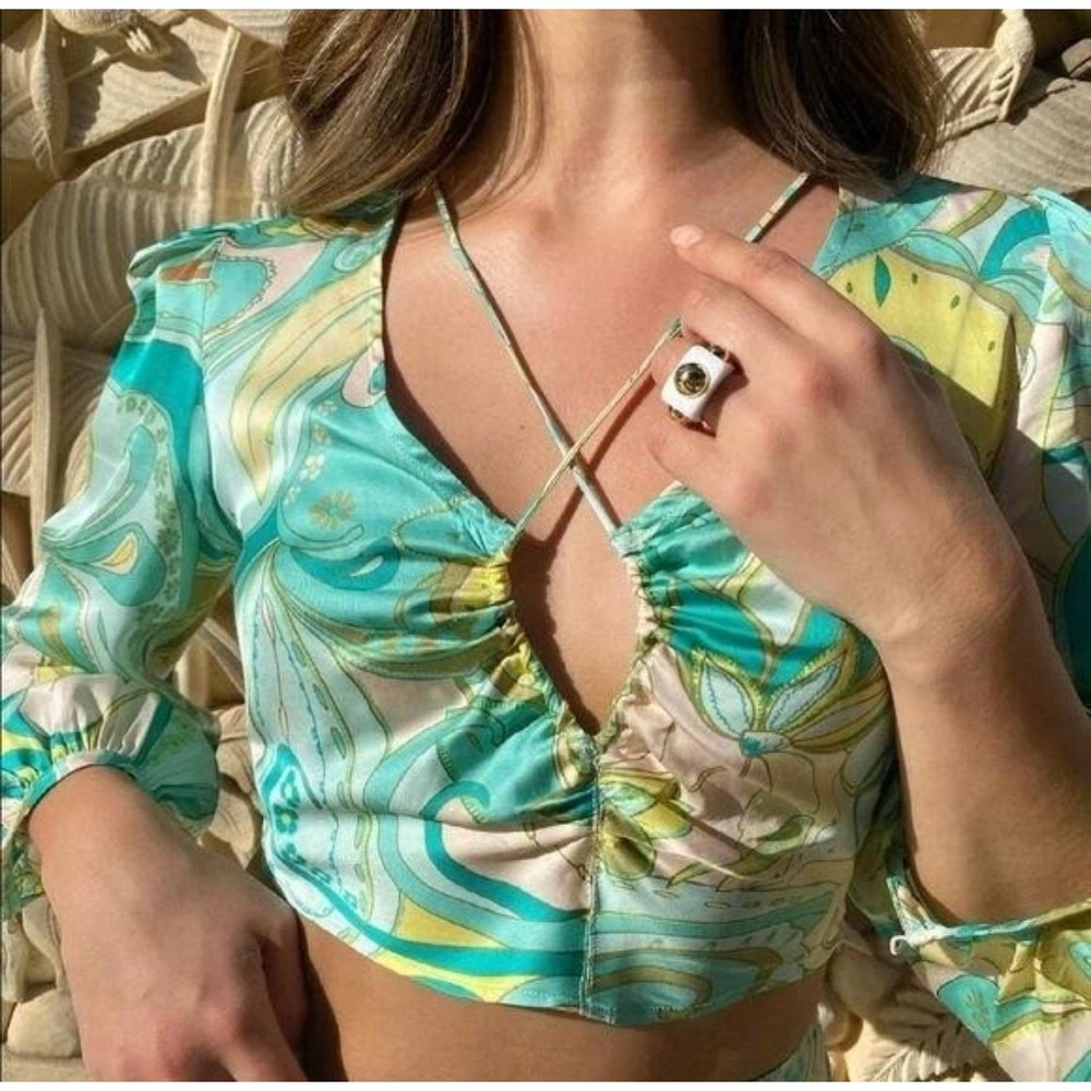 Zara Green Strappy Satin Retro 70's Crop Top Long Puff Sleeve S Viscose